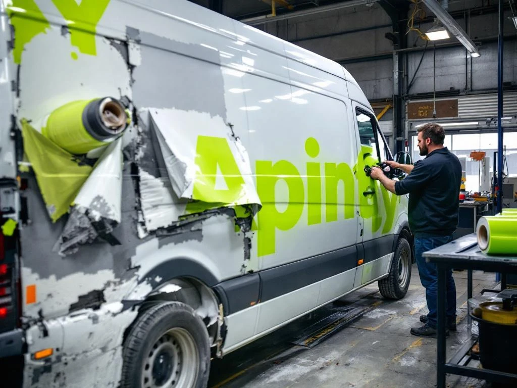 Witte Mercedes Sprinter bestelwagen in werkplaats tijdens verwijdering oude vinyl belettering voor nieuwe reclame-installatie
