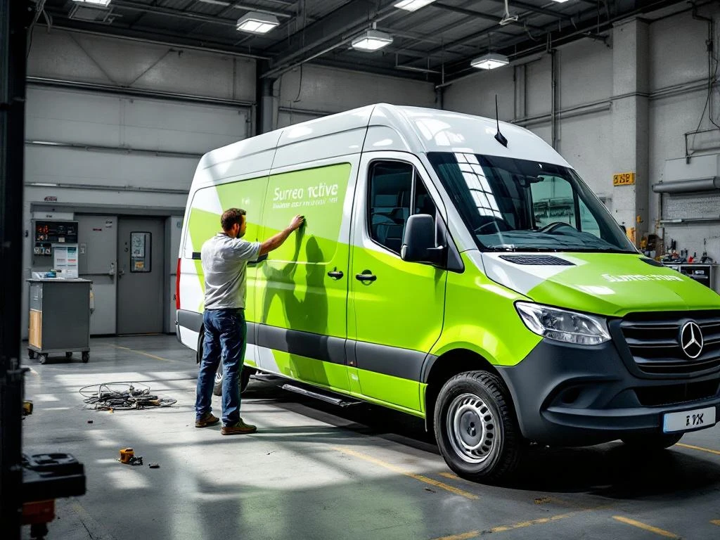 Technicus brengt felgroene vinyl graphics aan op witte Mercedes Sprinter bestelwagen in professionele Nederlandse werkplaats