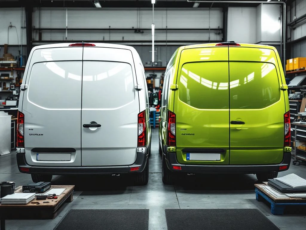 Twee witte bedrijfsbusjes in Nederlandse werkplaats tonen kwaliteitsverschil tussen standaard en hoogwaardige groene carwrap