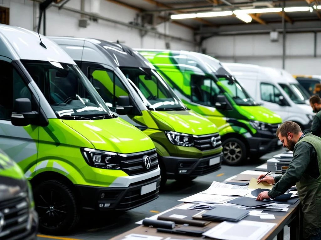 Witte bedrijfswagens met verschillende carwrap ontwerpen in Nederlandse werkplaats, vakman brengt vinyl samples aan