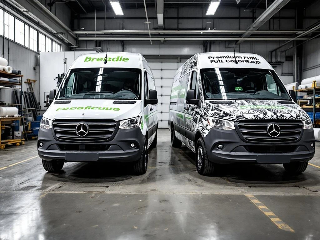 Twee witte Mercedes Sprinter bestelwagens in Nederlandse werkplaats tonen verschil tussen basis groene belettering en premium full-color wrap