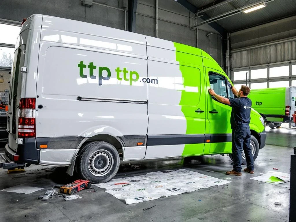 Witte Mercedes Sprinter bestelwagen krijgt lime groene vinyl belettering aangebracht door monteur in Nederlandse werkplaats
