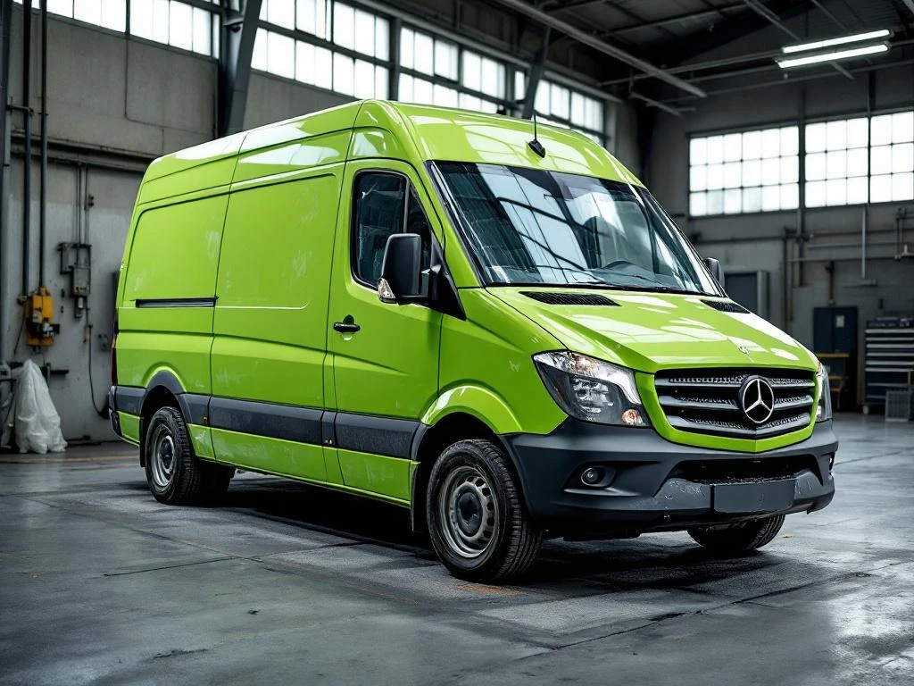 Witte Mercedes Sprinter bestelwagen met versleten limoengroene vinyl wrap in Nederlandse werkplaats