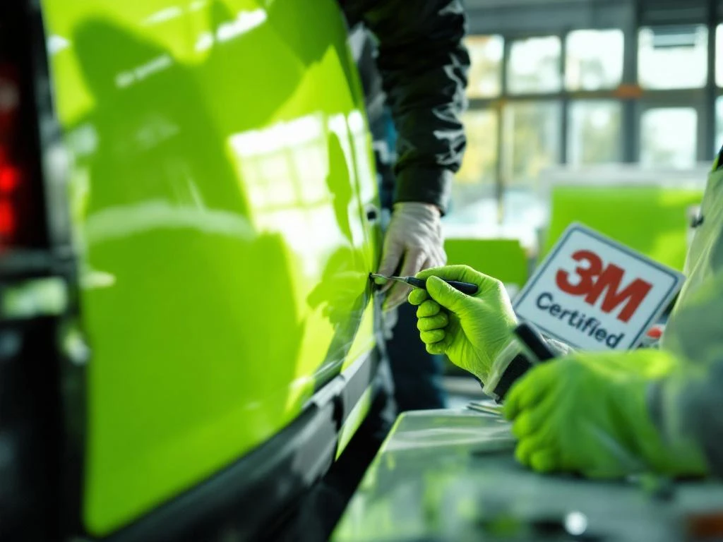 Professionele handen brengen lime groene 3M vinyl wrap aan op witte bedrijfswagen in werkplaats