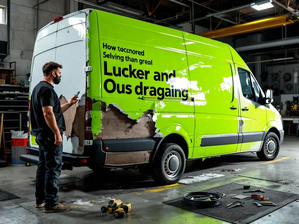 Witte bestelwagen met slecht aangebrachte groene vinyl belettering die loslaat, professionele monteur inspecteert fouten