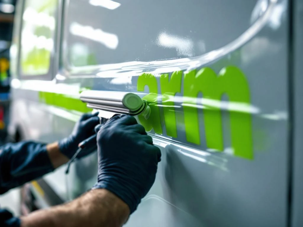 Professionele handen brengen lime groene vinyl belettering aan op witte bedrijfswagen met precisie squeegee gereedschap