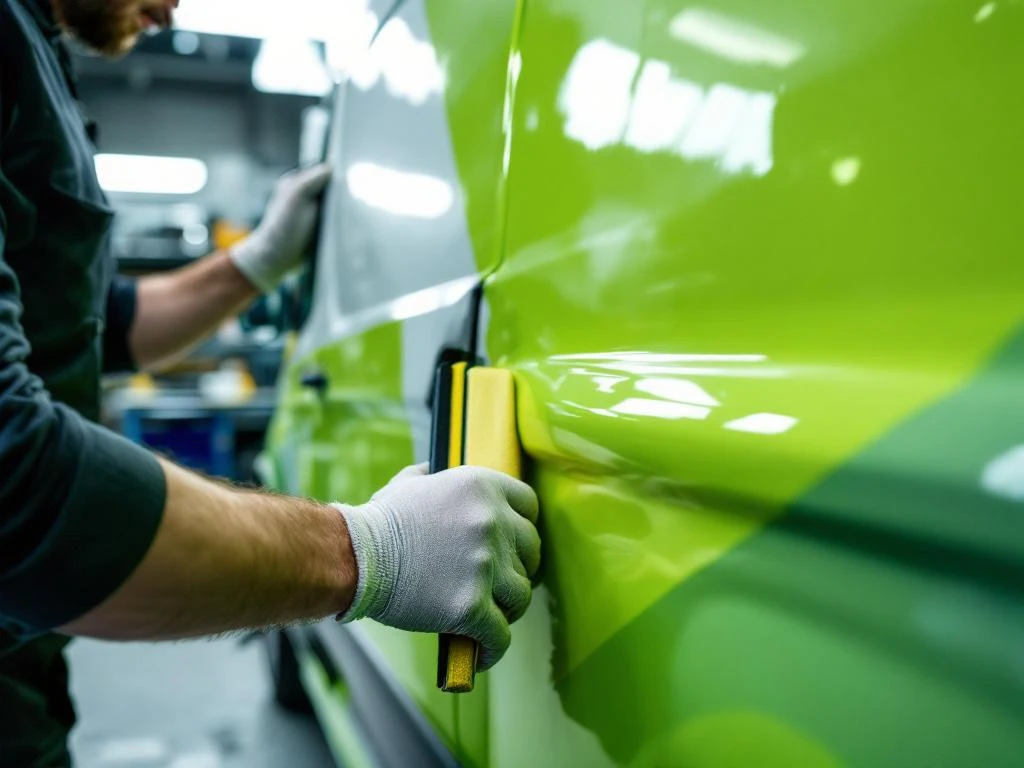 Vakman brengt felgroene vinylletters aan op witte bedrijfswagen met ruitenwisser in werkplaats