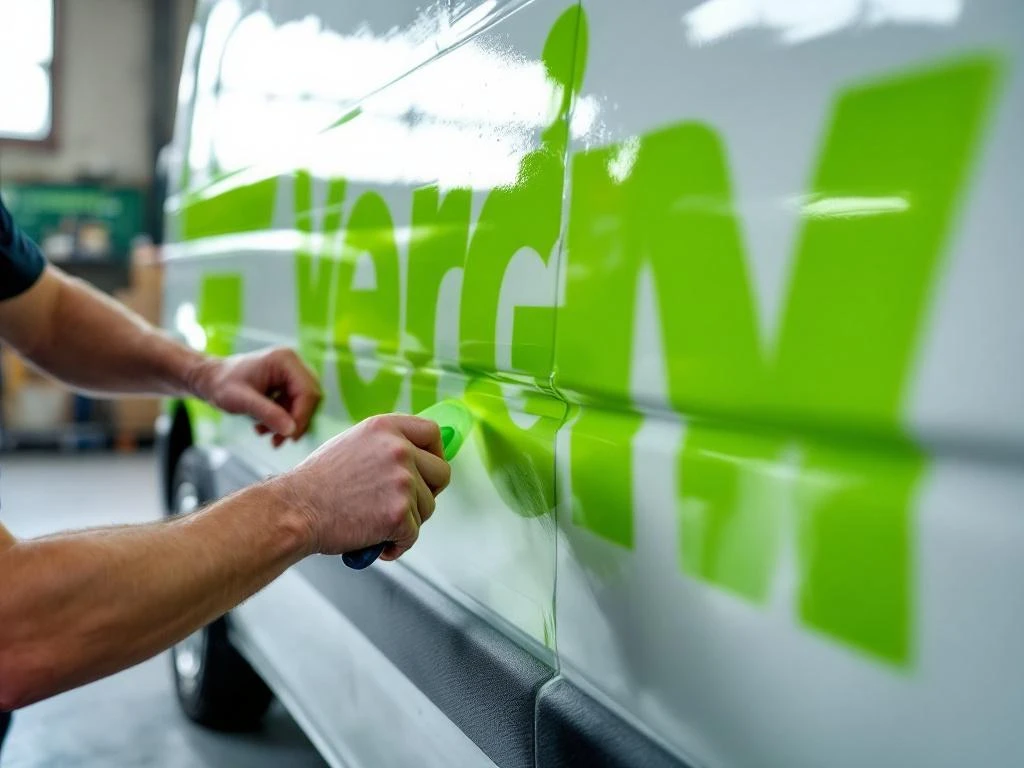 Professionele installateur brengt felgroene vinylletters aan op witte bedrijfswagen in werkplaats met gereedschap