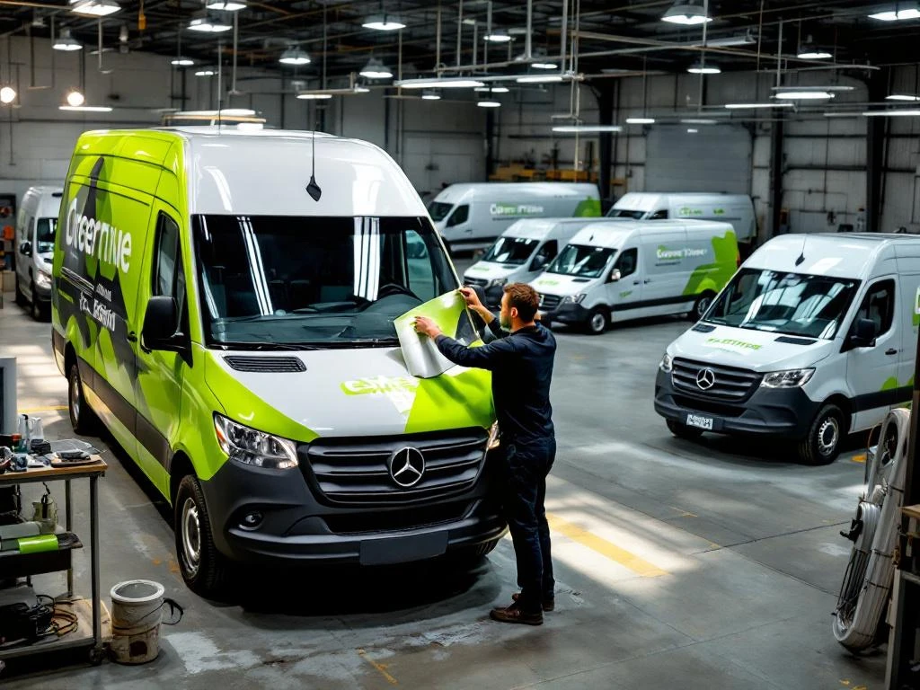 Technicus brengt limoengroene vinyl belettering aan op witte Mercedes Sprinter bestelwagen in professionele werkplaats