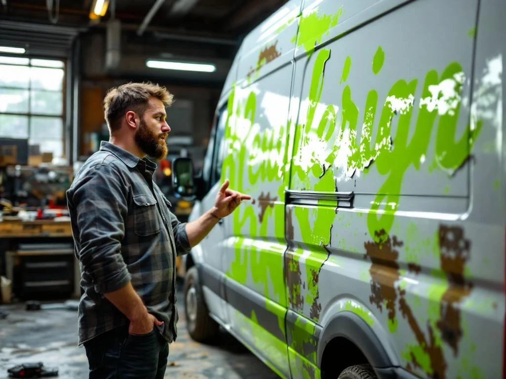 Gefrustreerde ondernemer inspecteert slecht aangebrachte groene vinyl belettering op witte bestelwagen in werkplaats