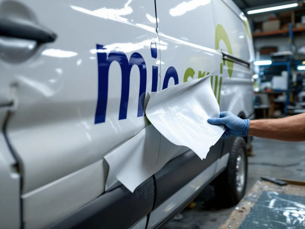 Professionele handen verwijderen oude vinyl belettering van bestelwagen in werkplaats met nieuwe groene vinyl klaar