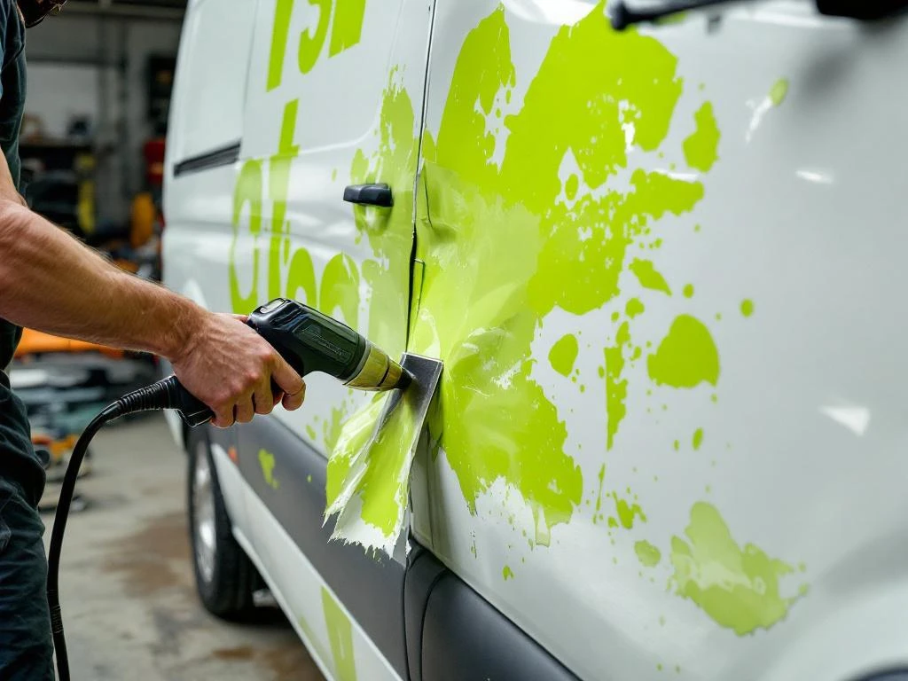 Vakkundige handen verwijderen groene vinyl stickers van witte Mercedes Sprinter met warmtepistool en schraper