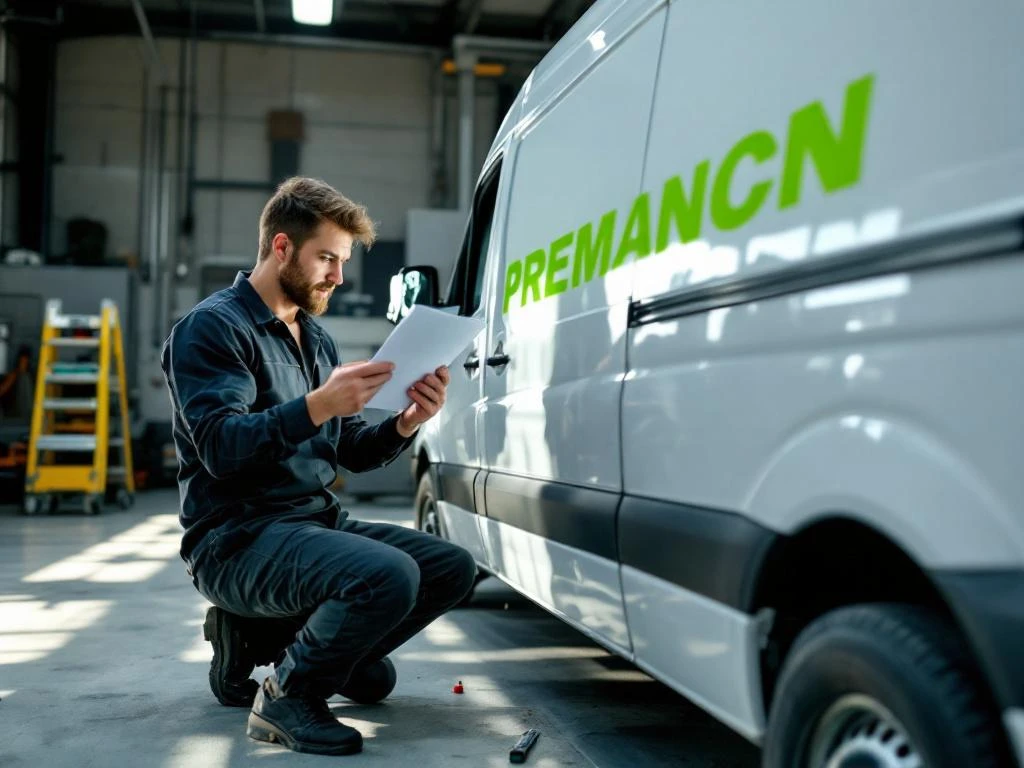 Technicus inspecteert groene vinyl graphics op witte Mercedes Sprinter in werkplaats met garantiedocument