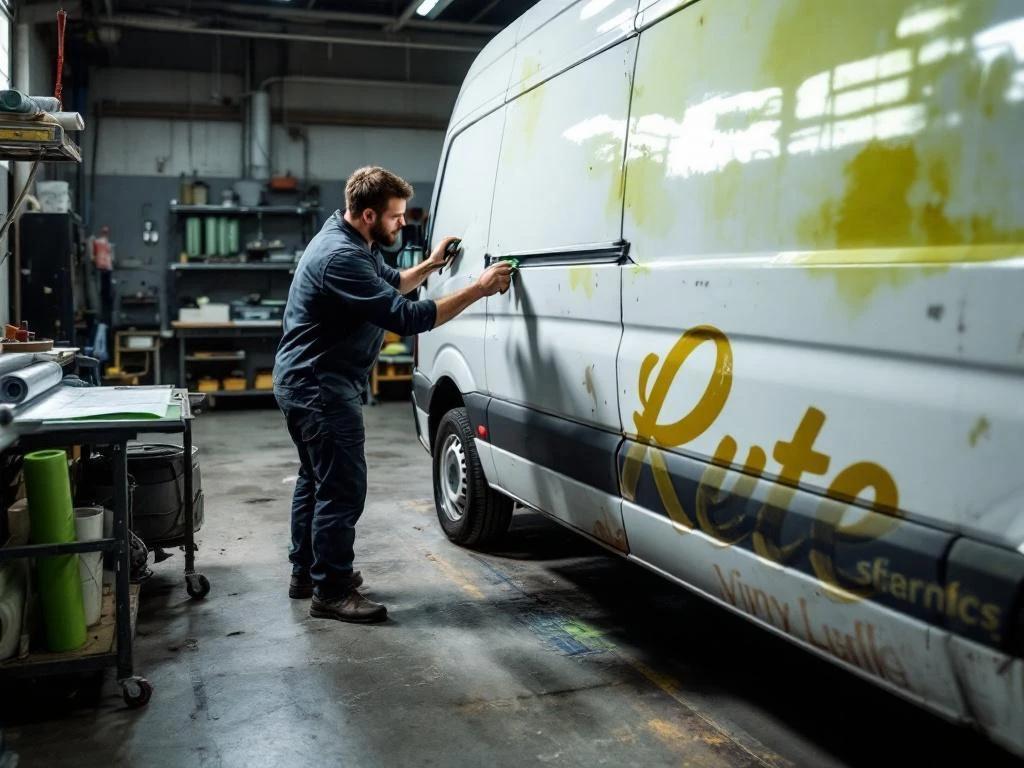Installateur verwijdert oude vinyl letters van witte bestelwagen in werkplaats, nieuwe groene vinyl rollen op werkbank