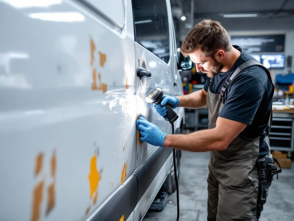 Voertuigbelettering specialist verwijdert oude vinyl letters van witte Mercedes Sprinter bestelwagen in werkplaats