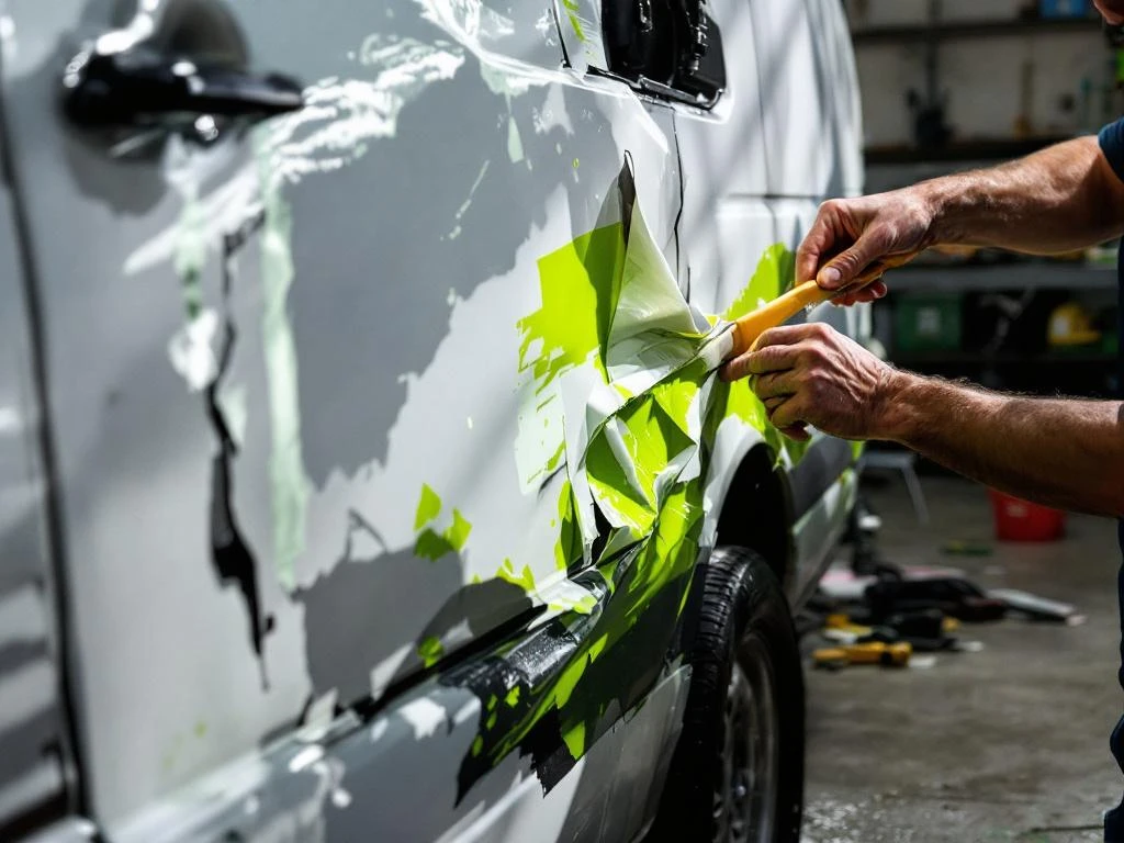 Vakman verwijdert oude groene vinyl stickers van witte Mercedes Sprinter bestelwagen in Nederlandse werkplaats