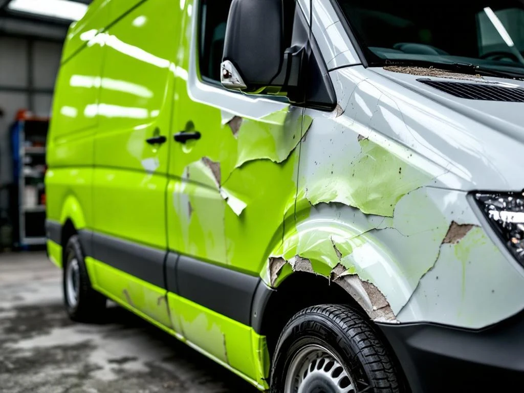 Witte Mercedes Sprinter bestelwagen met versleten groene vinyl wrap die scheurt en vervaagt langs zijpaneel