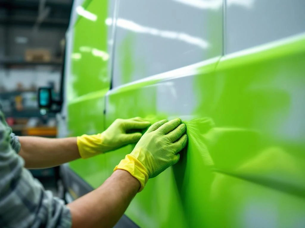 Professionele handen in werkhandschoenen brengen lime groene 3M vinyl wrap aan op witte bestelwagen in werkplaats