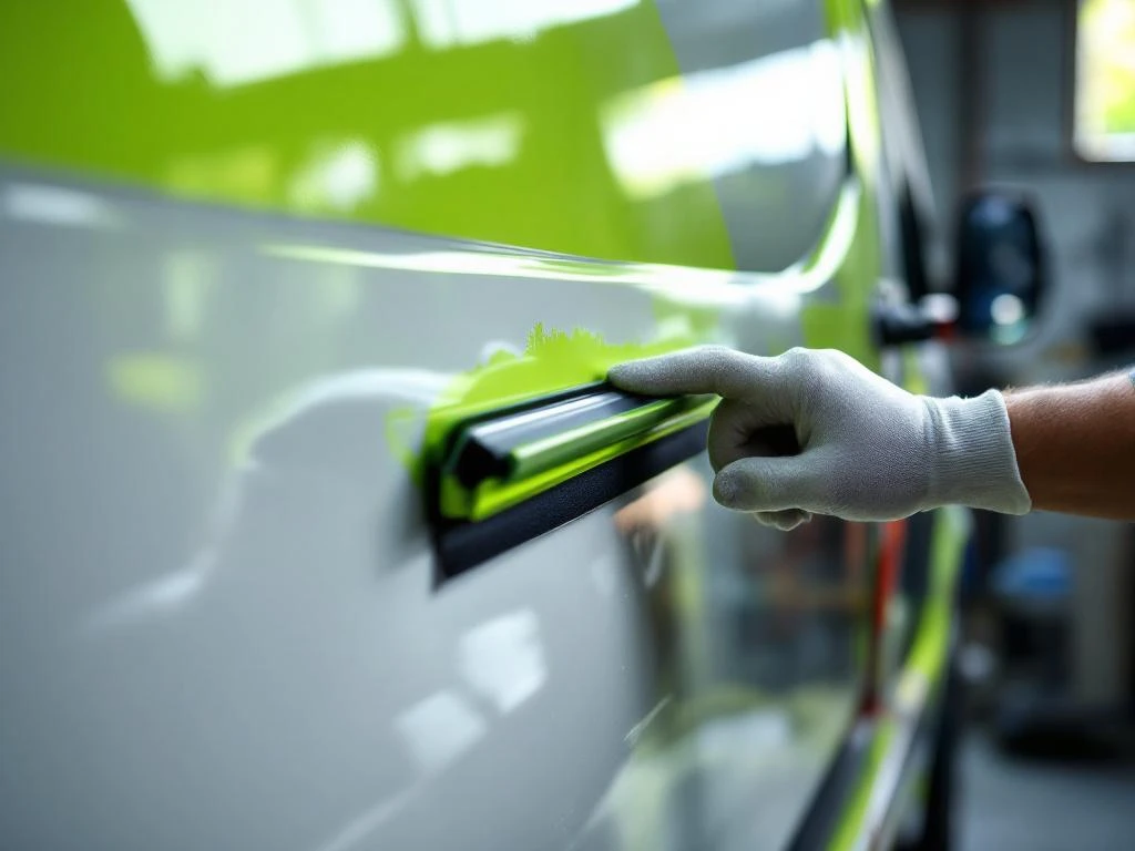 Professionele handen gebruiken ruitenwisser om limoengroene vinyl graphics aan te brengen op witte bestelwagen