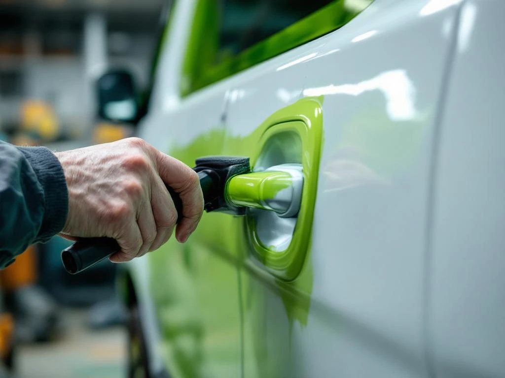 Professionele handen brengen lime groene vinyl wrap aan op witte bestelwagen deurgreep met precisie squeegee gereedschap