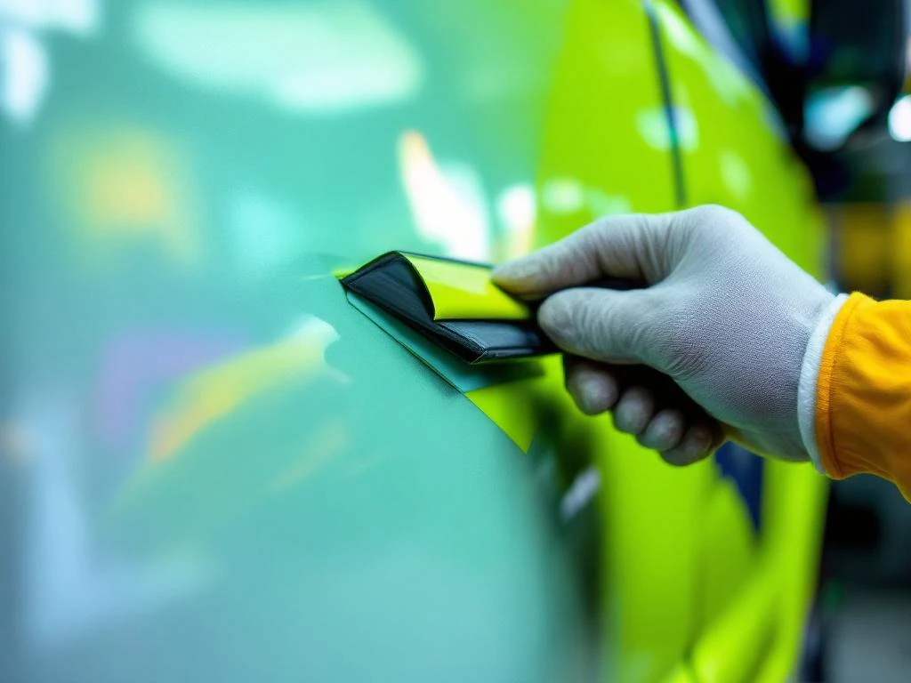 Professionele handen gebruiken rakel om heldergroene vinyl wrap op witte bestelwagen aan te brengen in werkplaats
