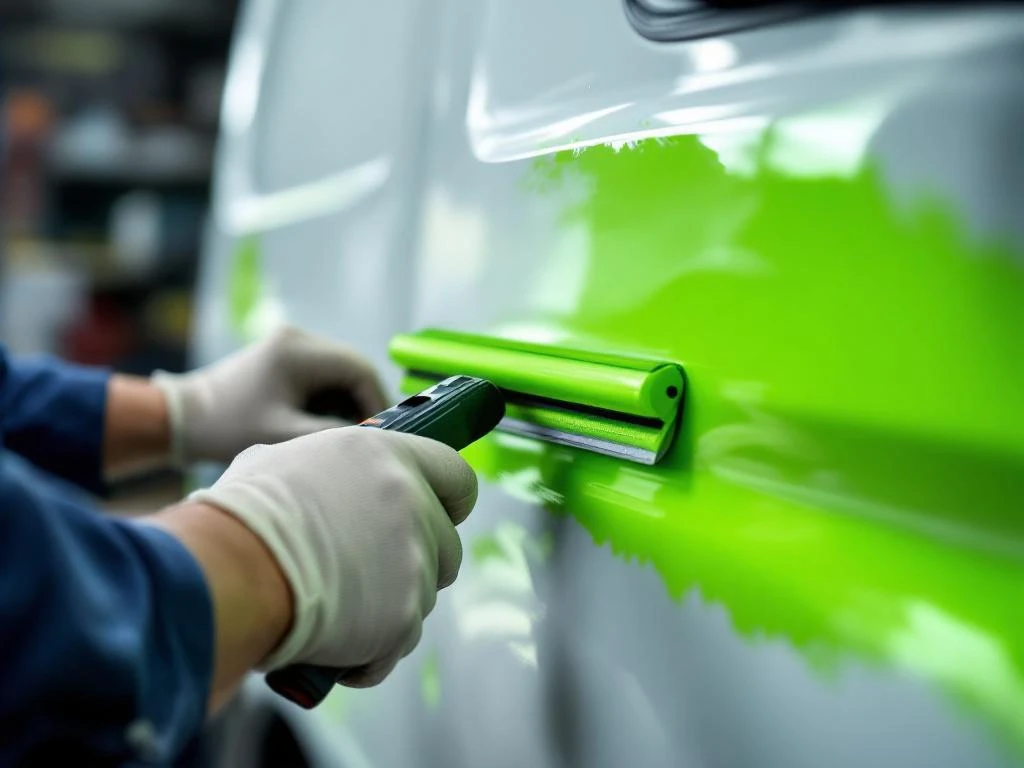Professionele handen gebruiken ruitenwisser om felgroene vinylfolie op witte bestelwagen aan te brengen in werkplaats