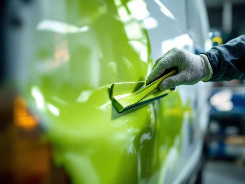 Professionele handen gebruiken ruitenwisser om felgroene vinyl graphics op witte bestelwagen aan te brengen