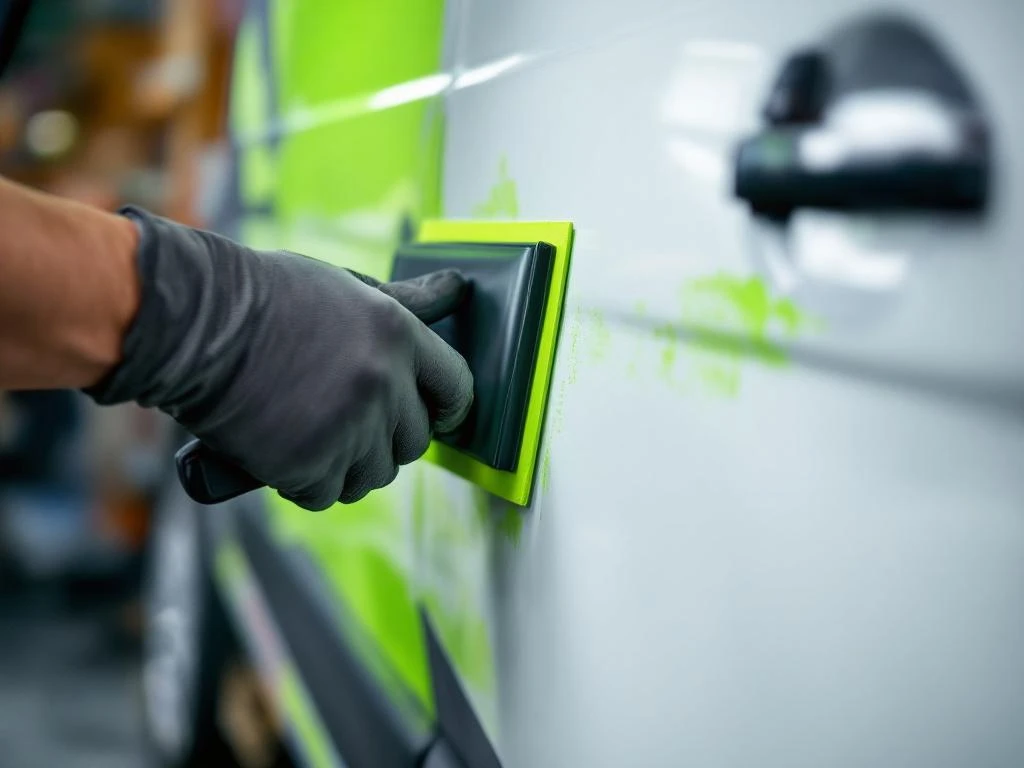 Professionele handen brengen limoengroene vinyl wrap aan op witte bestelwagen met squeegee gereedschap in werkplaats