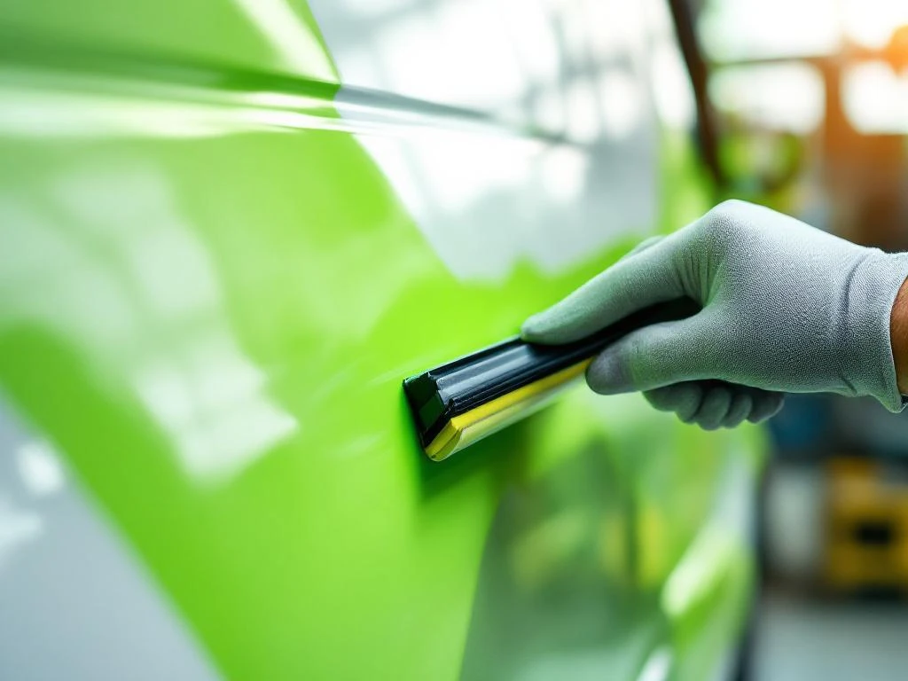 Professionele handen gebruiken trekker om lime groene vinyl graphics aan te brengen op witte bestelwagen oppervlak