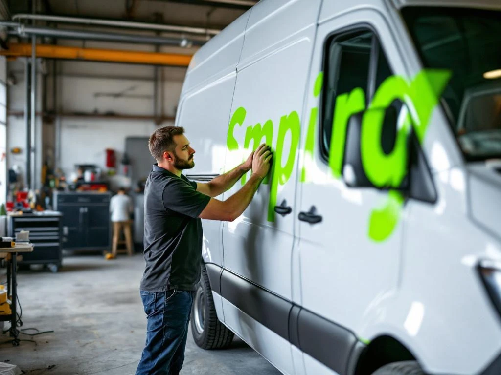 Monteur brengt heldergroene vinyl belettering aan op witte Mercedes Sprinter bestelwagen in professionele werkplaats
