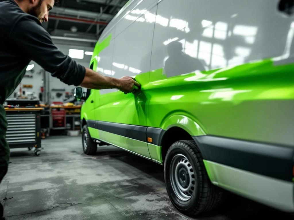 Installateur brengt lime groene vinyl wrap aan op witte Mercedes Sprinter bestelwagen in professionele werkplaats