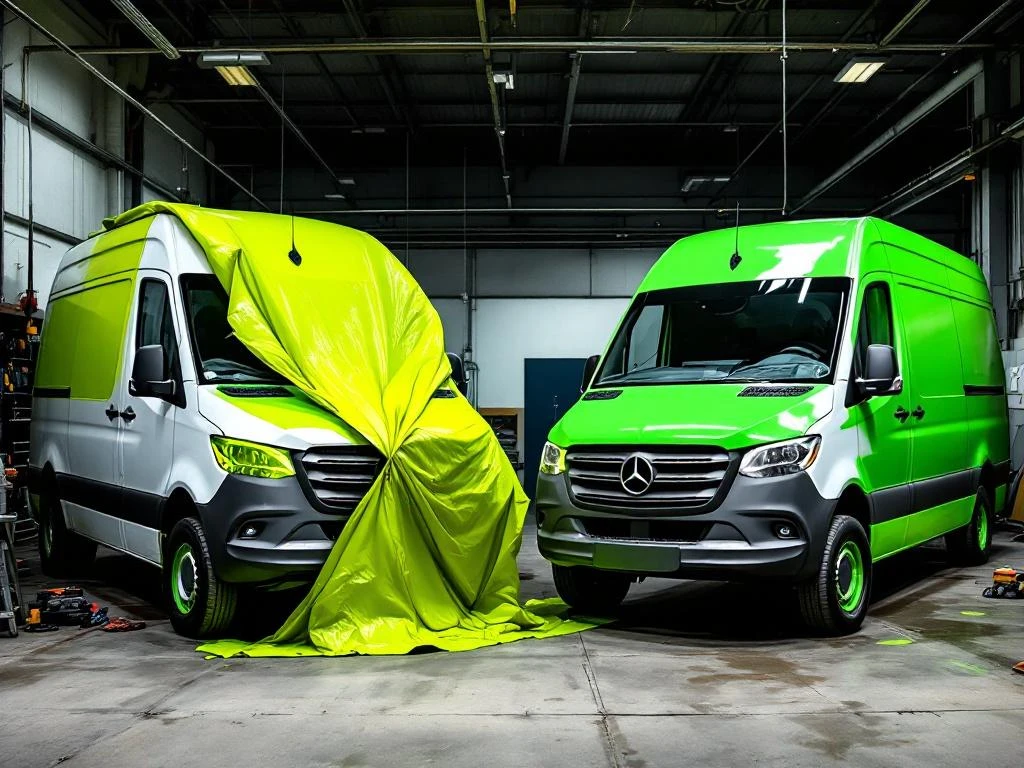 Twee witte Mercedes Sprinter bestelwagens in werkplaats: een met oude groene wrap-verwijdering, andere met nieuwe wrap-toepassing