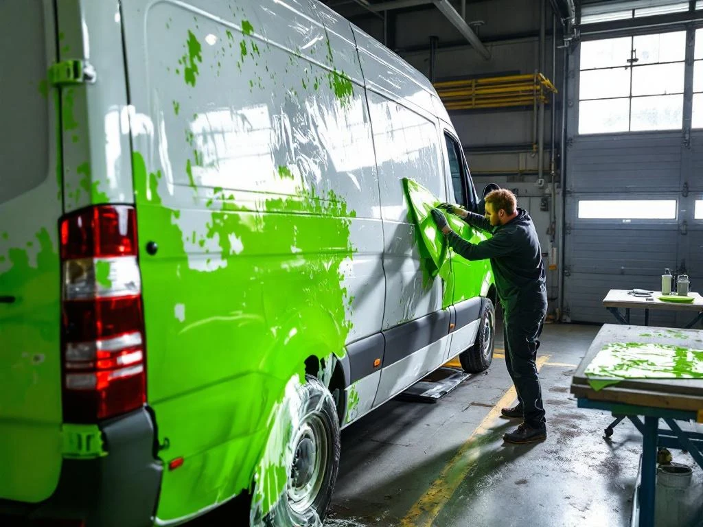Monteur verwijdert oude vinyl wrap van witte Mercedes Sprinter in Nederlandse werkplaats met nieuwe limoengroene folie klaar