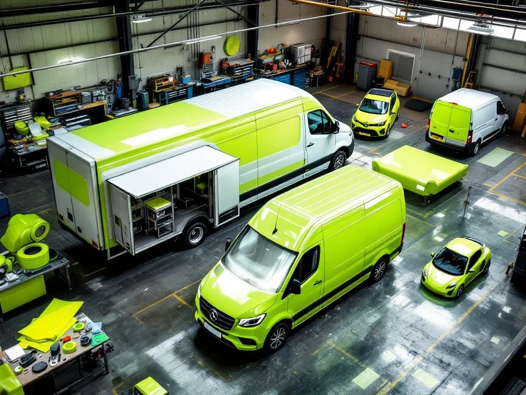Diverse voertuigen in Nederlandse werkplaats voorbereid voor vinyl wrapping met groene materialen en gereedschap