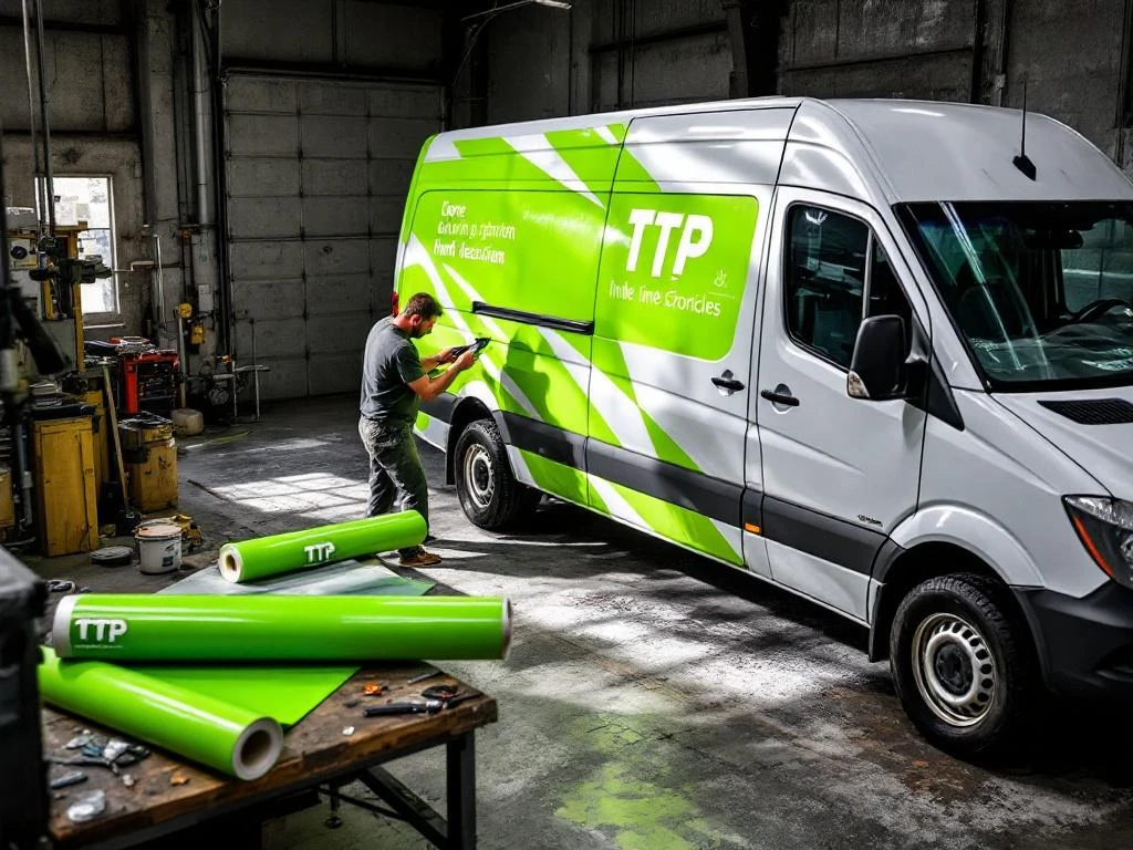 Monteur verwijdert oude vinyl belettering van witte Mercedes Sprinter bestelwagen met nieuwe groene TTP graphics op werkbank