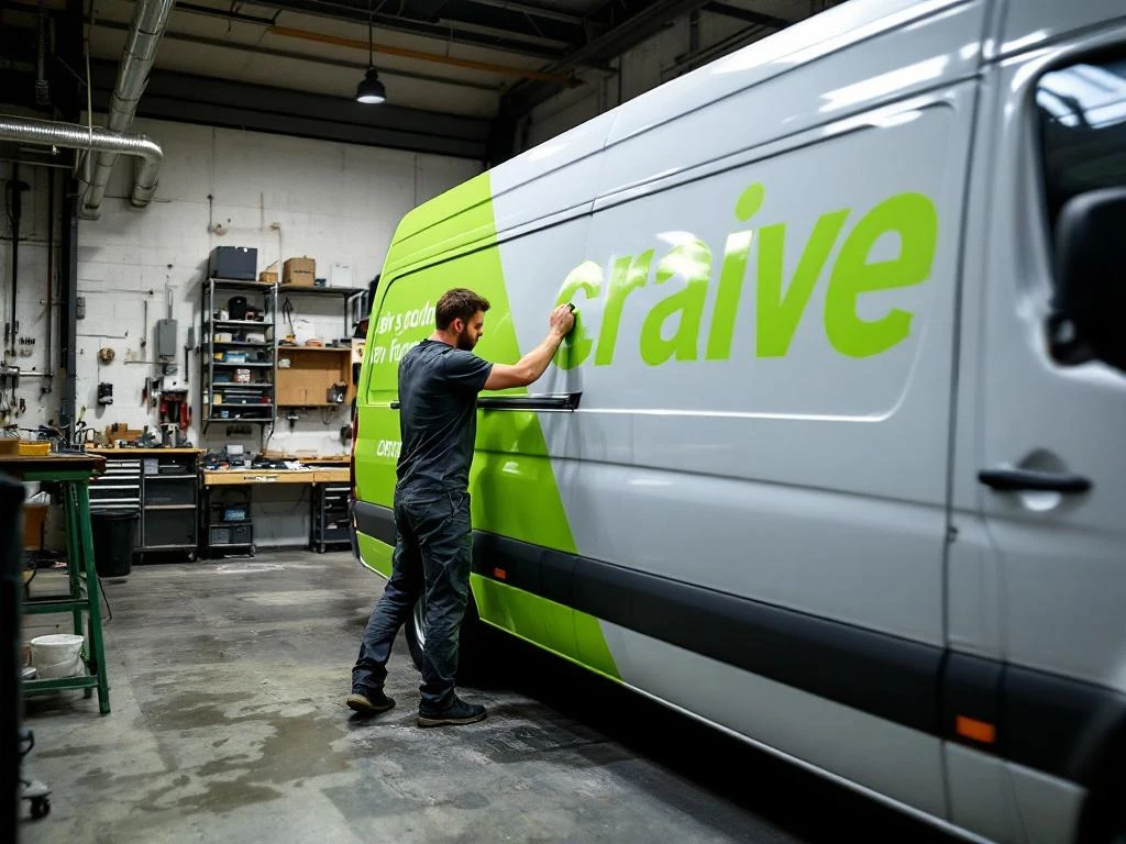 Voertuigbelettering specialist brengt felgroene vinyl wrap aan op witte Mercedes Sprinter bestelwagen in professionele werkplaats
