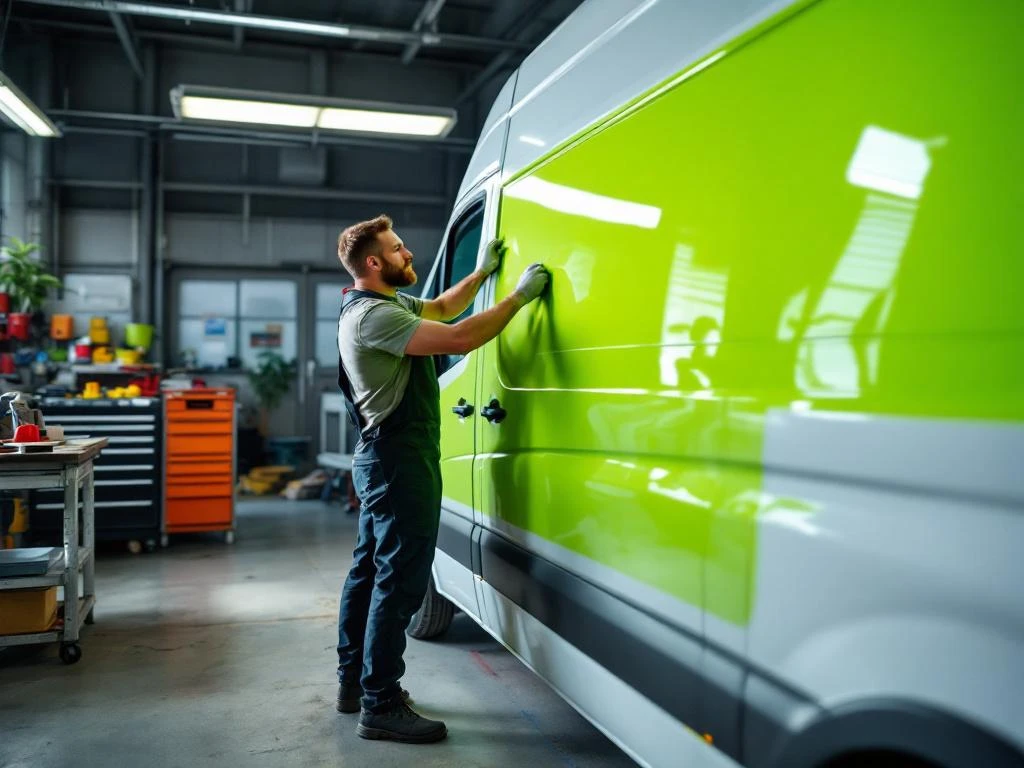 Voertuigbelettering specialist brengt felgroene vinyl wrap aan op witte Mercedes Sprinter bestelwagen in werkplaats