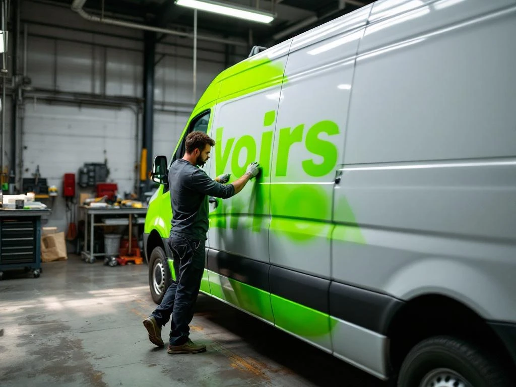Installateur brengt heldergroene vinyl belettering aan op witte Mercedes Sprinter bestelwagen in professionele werkplaats