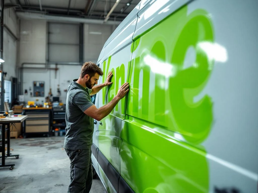 Voertuigbeletteraar brengt felgroene vinyl wrap aan op witte Mercedes Sprinter bestelwagen in professionele werkplaats