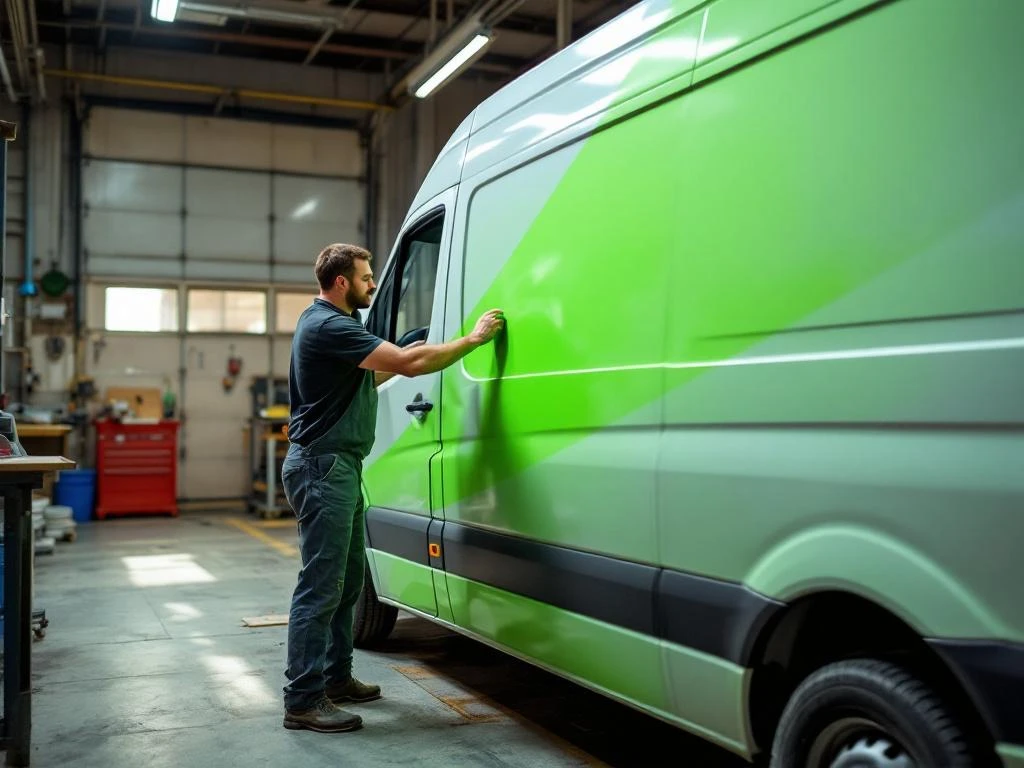 Voertuigbelettering specialist brengt felgroene vinyl wrap aan op witte Mercedes Sprinter bestelwagen in werkplaats