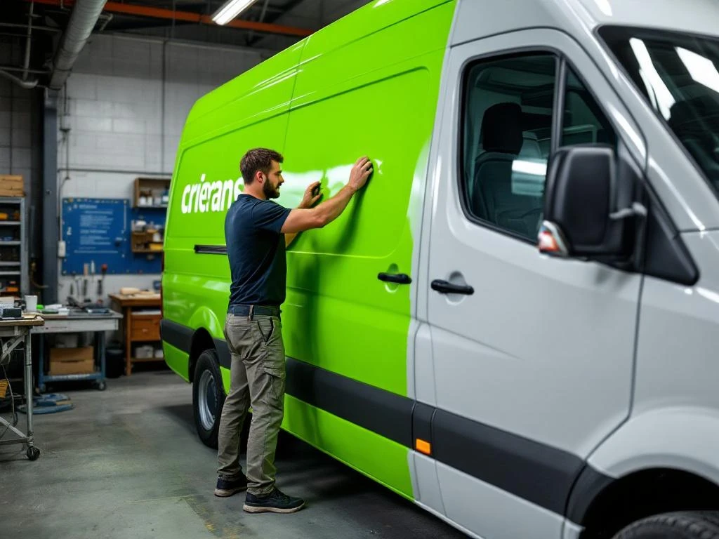 Voertuigbelettering specialist brengt felgroene vinyl wrap aan op witte Mercedes Sprinter bestelwagen in werkplaats
