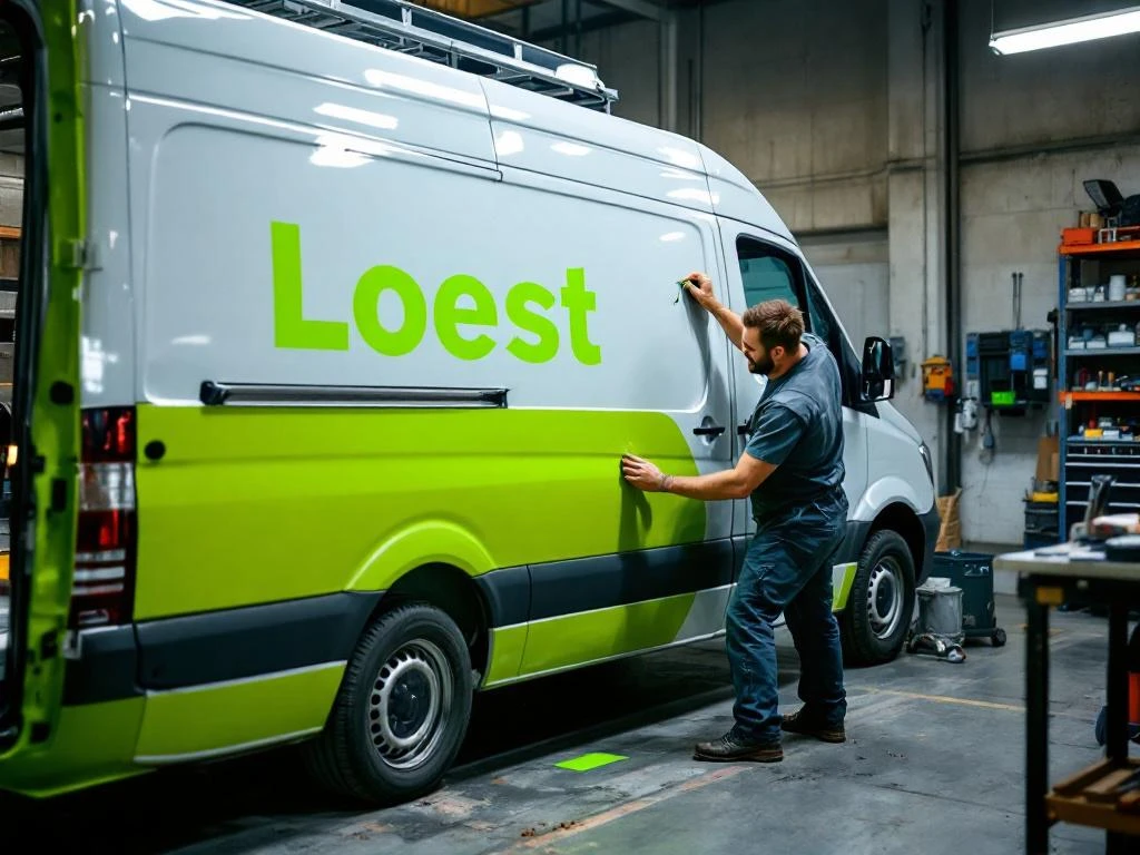 Professionele installateur brengt felgroene vinyl belettering aan op witte Mercedes Sprinter bestelwagen in werkplaats