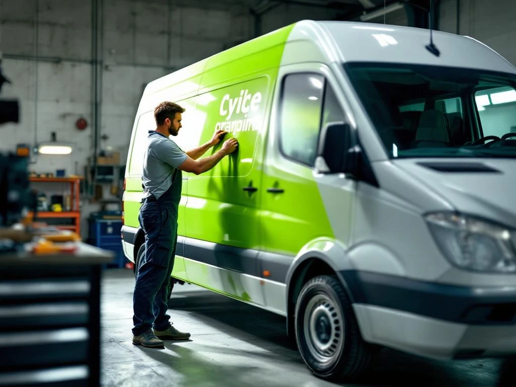 Voertuigbeletteraar brengt heldergroene vinyl wrap aan op witte Mercedes Sprinter bestelwagen in werkplaats