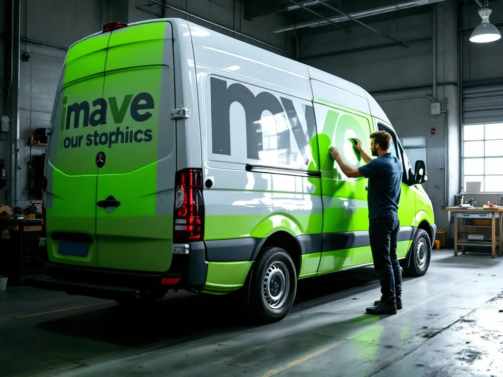 Voertuigbeletteraar brengt felgroene vinyl wrap aan op witte Mercedes Sprinter bestelwagen in werkplaats