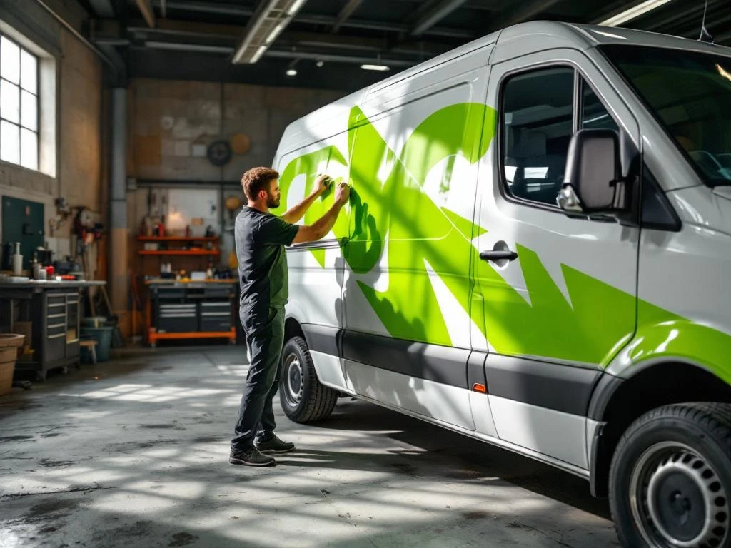 Voertuigbelettering specialist brengt limoengroene vinyl letters aan op witte Mercedes Sprinter bestelwagen in werkplaats