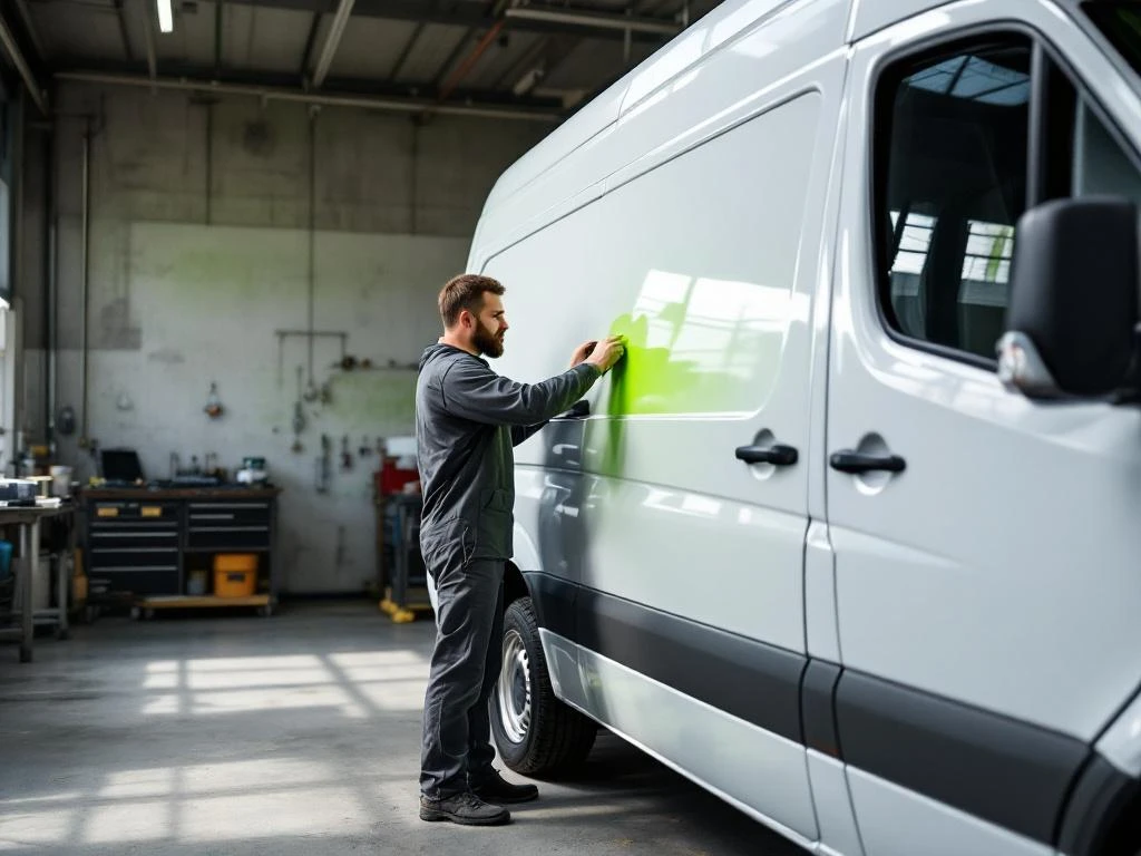 Voertuigbeletteraar brengt felgroene vinyl wrap aan op witte Mercedes Sprinter bestelwagen in professionele werkplaats