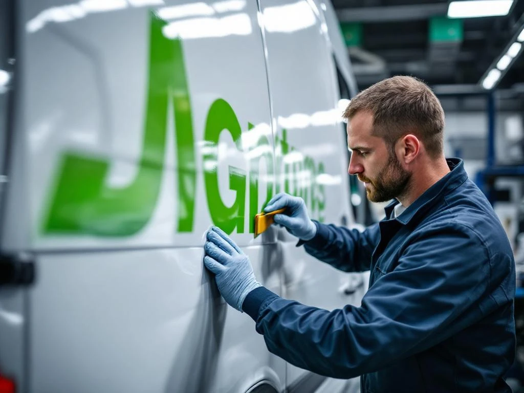 Professionele monteur inspecteert limoengroene vinyl belettering op witte Mercedes Sprinter bestelwagen in werkplaats