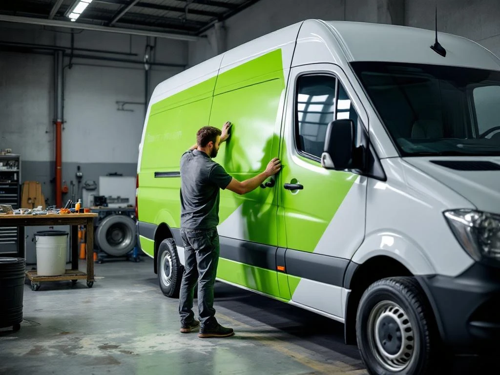 Voertuigbelettering specialist brengt felgroene vinyl wrap aan op witte Mercedes Sprinter bestelwagen in werkplaats