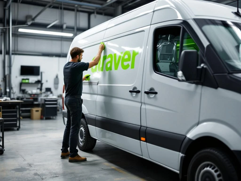 Voertuigbelettering specialist brengt felgroene vinyl wrap aan op witte Mercedes Sprinter bestelwagen in werkplaats