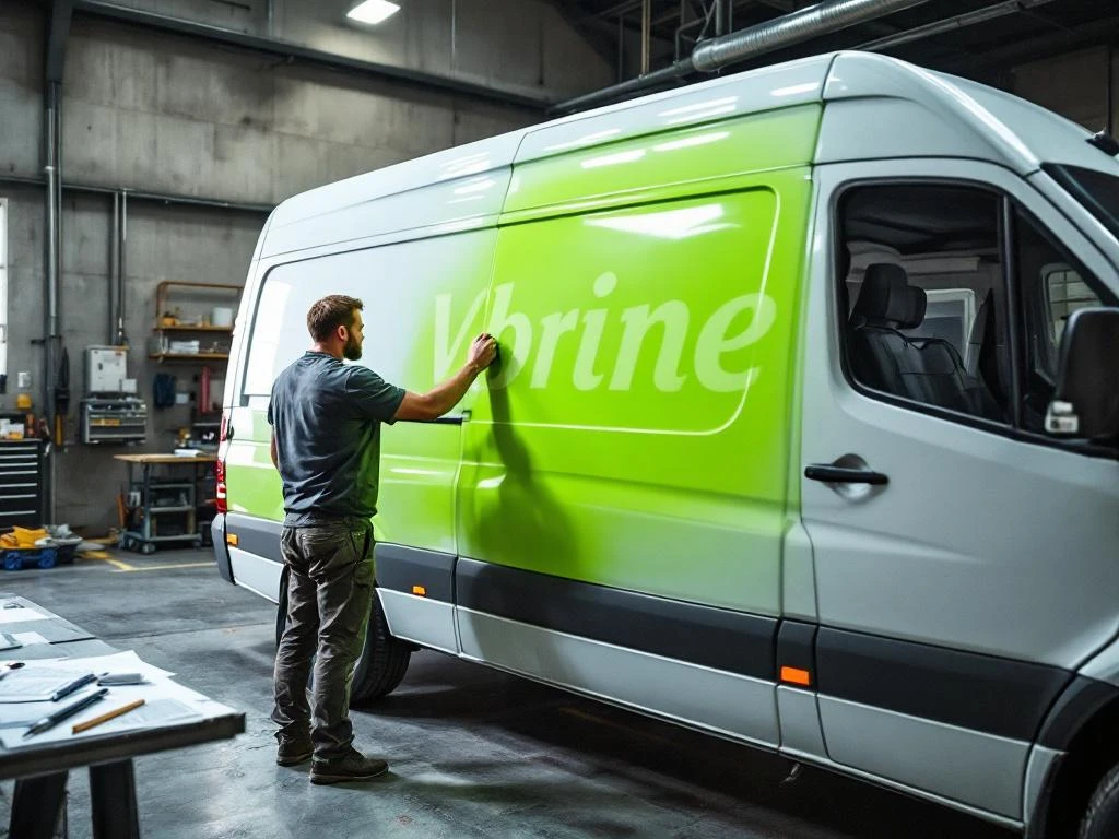 Professionele monteur brengt limoengroene vinyl belettering aan op witte Mercedes Sprinter bestelwagen in werkplaats
